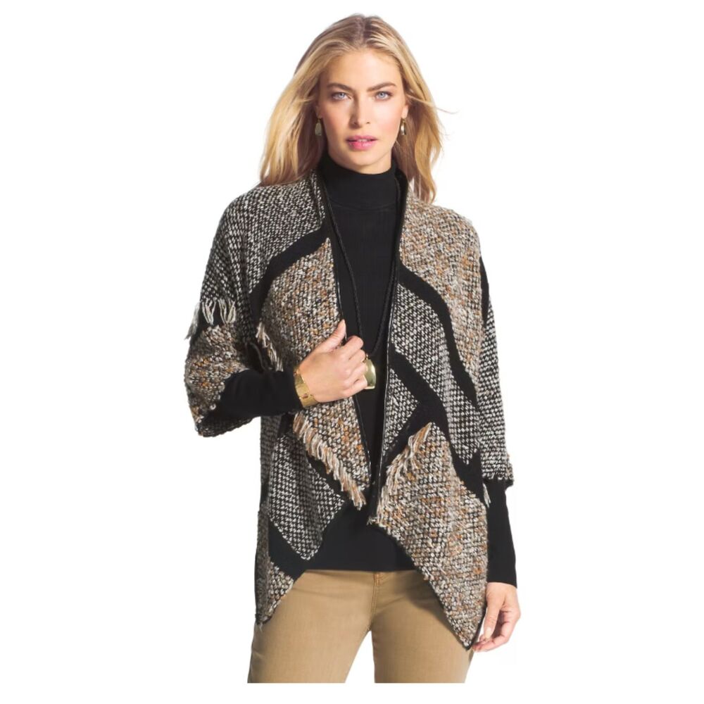 Chicos Kinsley Fringed Tweed Cardigan Stripe Knit Leather Trim Draped Open 0 (S)